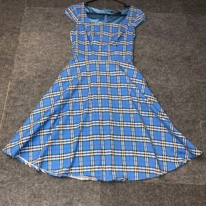 PUKAVT Plaid Skater Dress Womens Medium Blue Excellent Cap Sleeve Square Neck